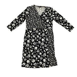 Talbots Womens Dress Sz MP Black White Floral Faux Wrap V-Neck 3/4 Sleeves